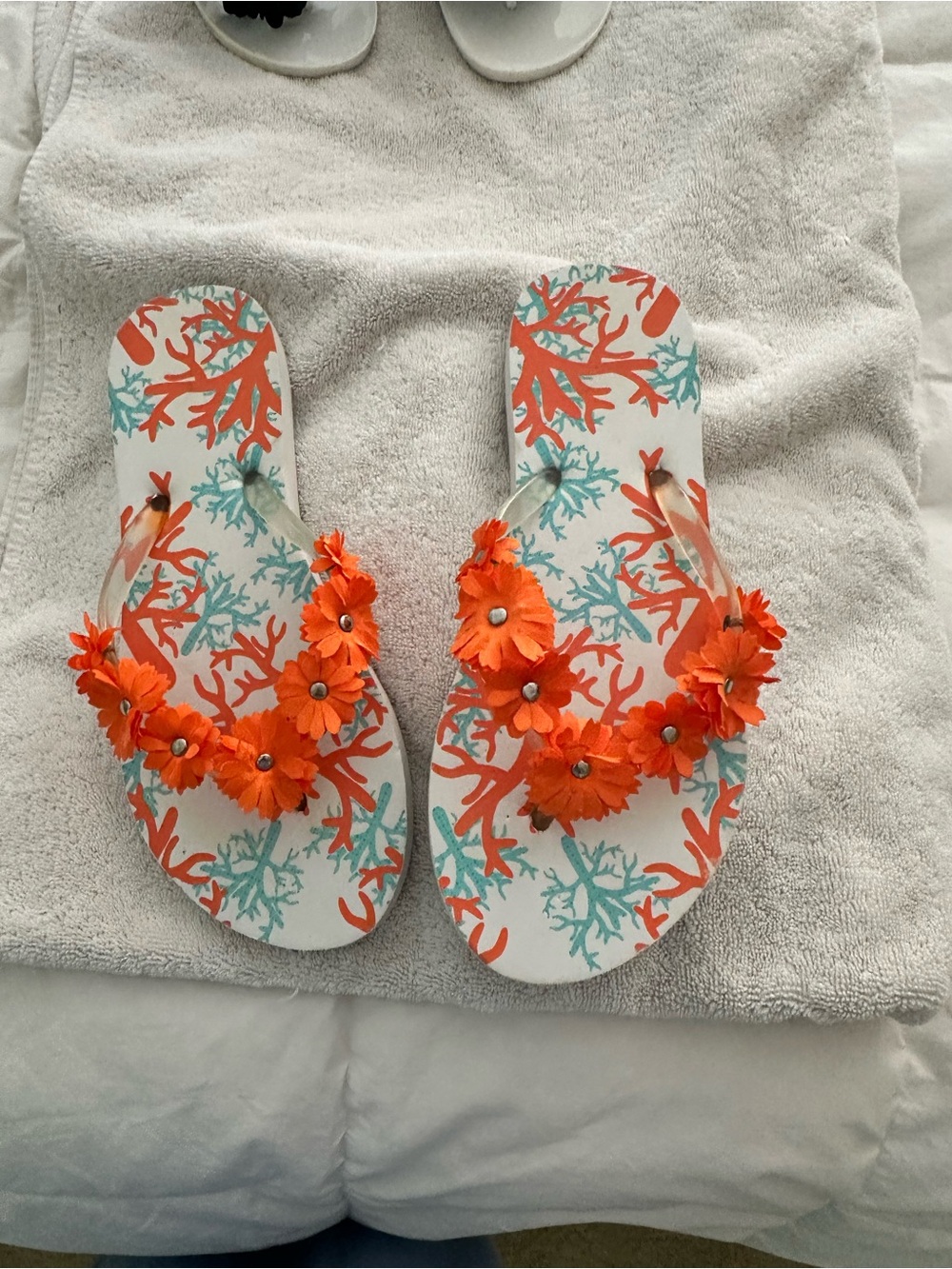 Mud Pie White Sandal Flip Flops with Orange Floral Accents and Teal Coral Print